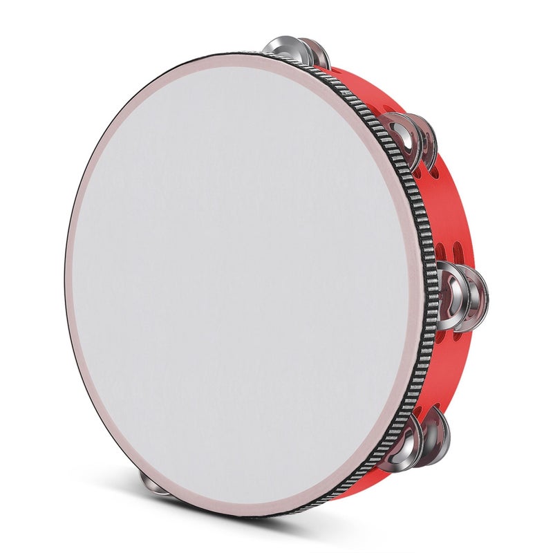 Flexzion Wood Handheld Tambourine for Adults 10-Inch Double Row 8-Pair Jingles (Red) - Percussion Round Tamborines Musical Instrument with Metal Zills - Image 1